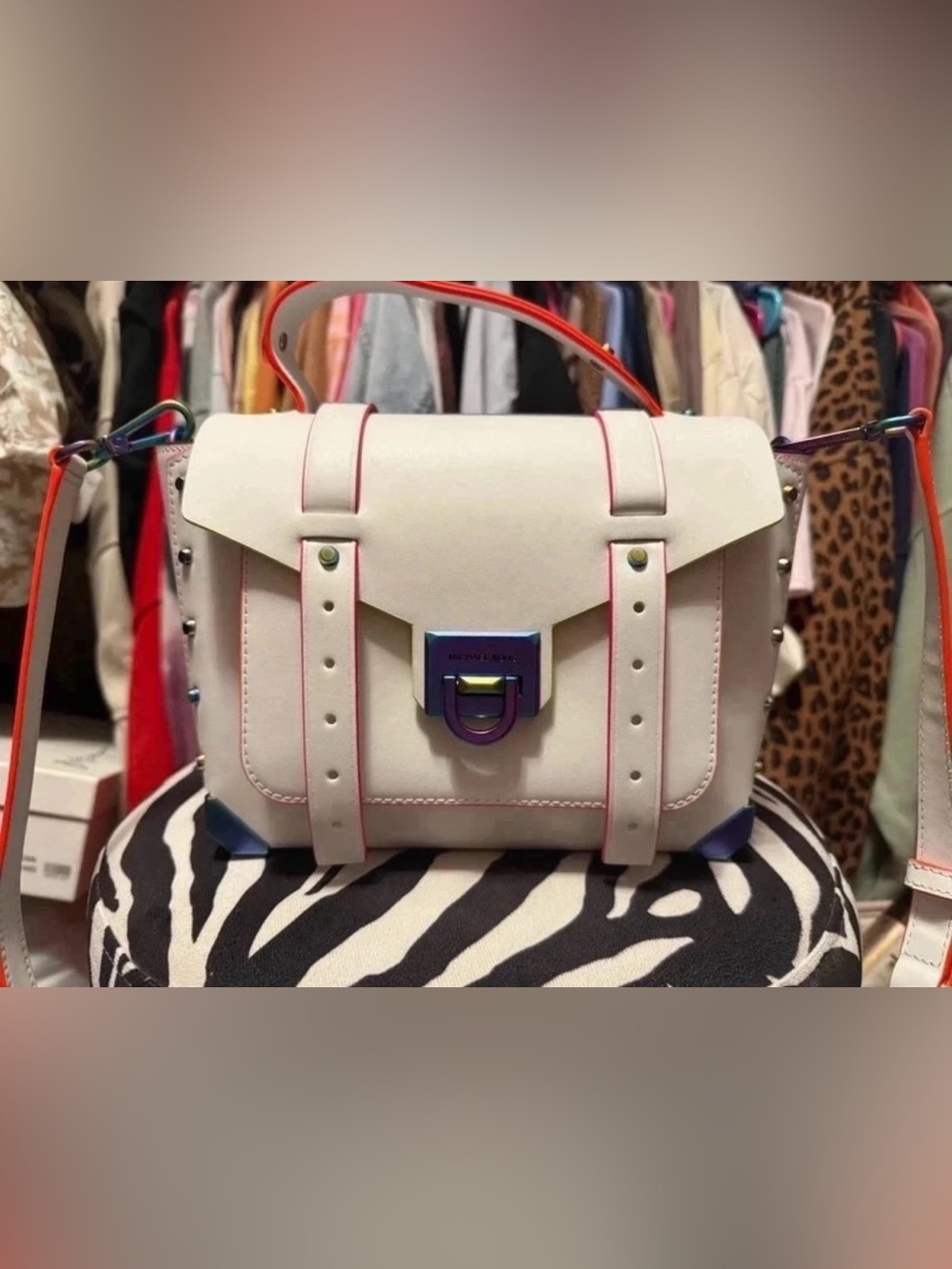 MICHAEL Michael Kors Cream Satchel with Pink and Iridescent Hardware